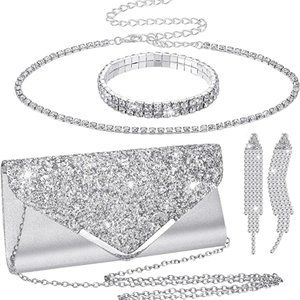 4 Pieces Clutch Purses Bag for Women Evening Rhinestone Jewelry Set Bling